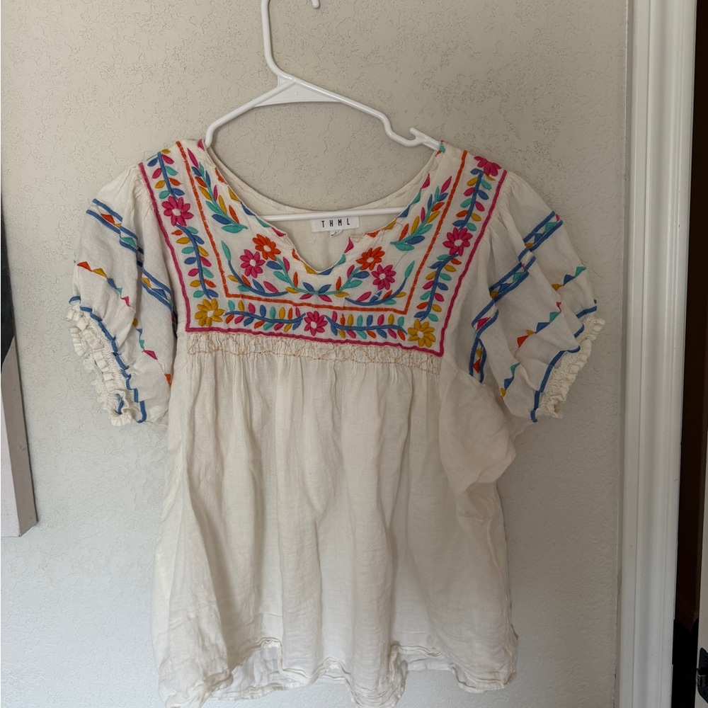 THML Cream Embroidered Peasant Blouse with Multicolor Floral Trim